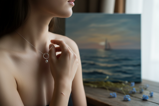 modella che guarda all'orizzonte toccandosi il pendente della collana realizzato con materiali riciclati