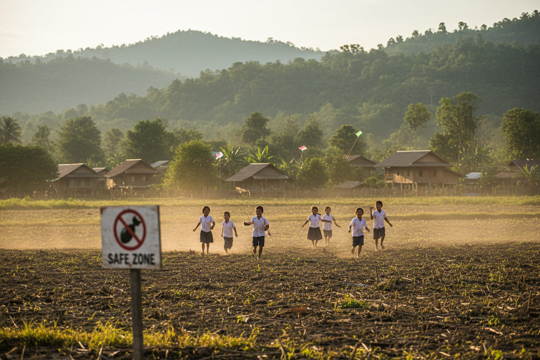 Bambini laotiani in un campo bonificato dagli UXO – vittime delle bombe in Laos