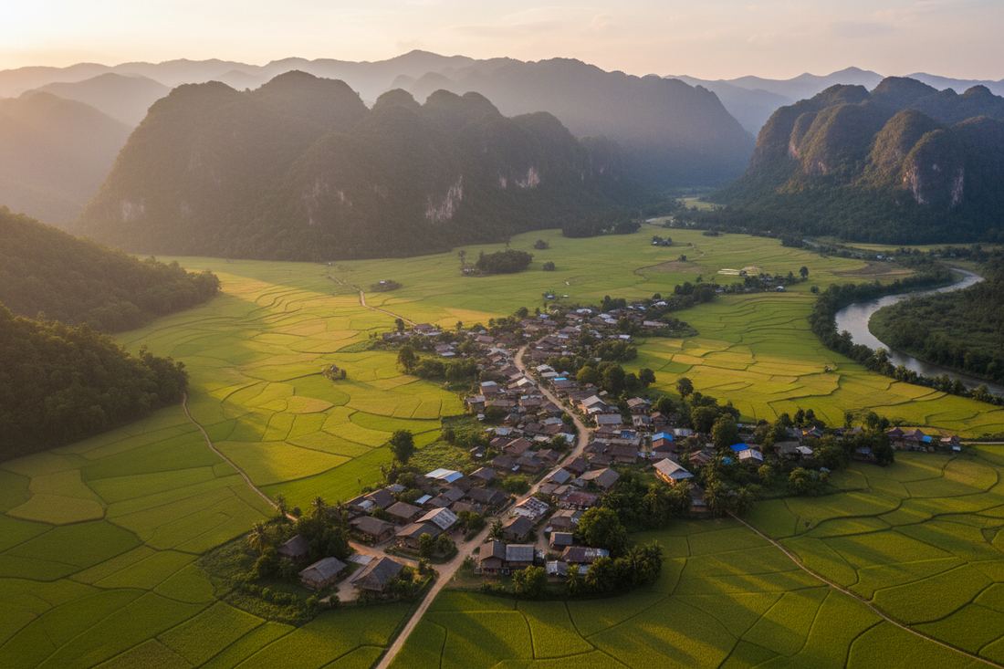 Villaggio di Ban Naphia in Laos tra le montagne verdi – dove nascono i gioielli artigianali No War Factory