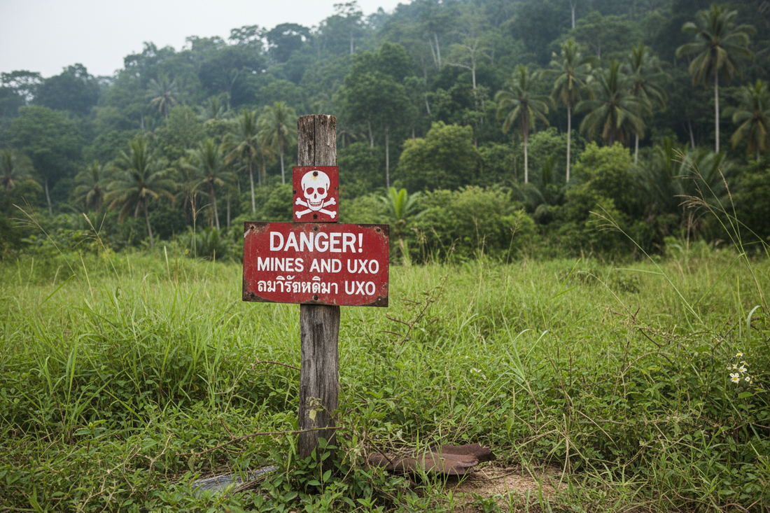 Cartello di pericolo mine antiuomo UXO in un campo del Laos – ordigni inesplosi