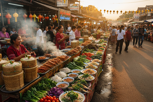 Mercato notturno laotiano con piatti tipici della cucina locale – street food Laos