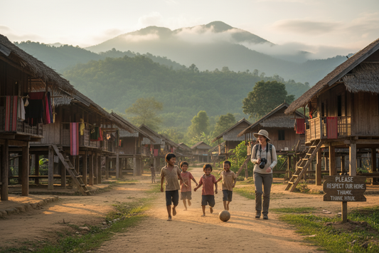 Turista responsabile in un villaggio tradizionale del Laos – turismo etico e sostenibile