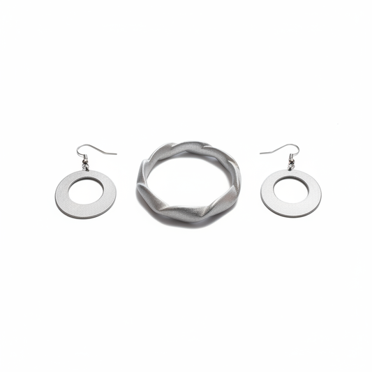 Bundle gioielli artigianali No War Factory – Bracciale a Treccia e Orecchini a Cerchio in alluminio riciclato, fatti a mano in Laos